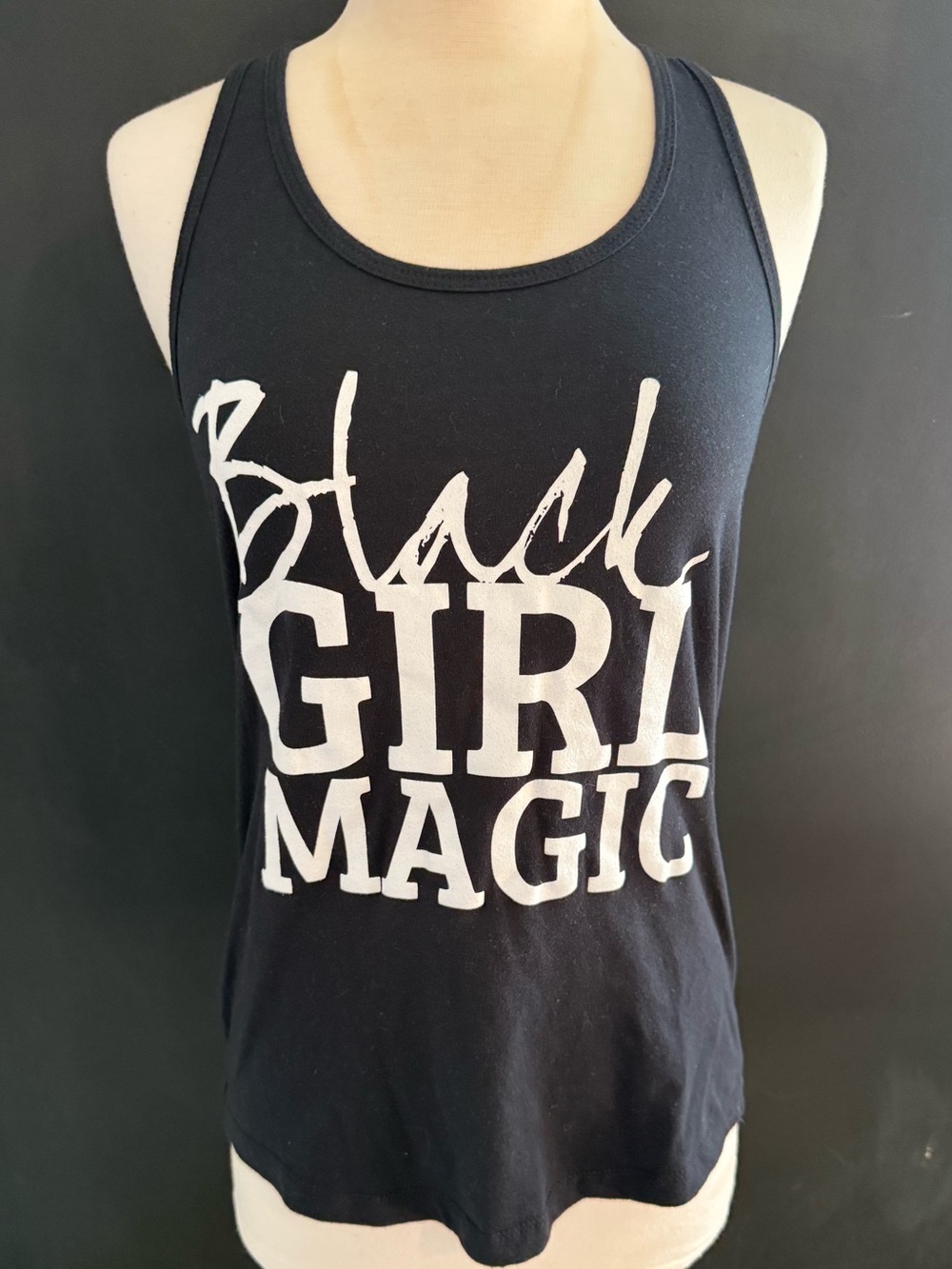 Black Tank Top with White "Black Girl Magic" Graphic Racerback Medium